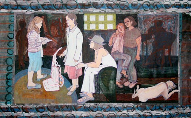 Four standing figures and one seated one look at a vacuum cleaner, while a seated figure recedes into the shadowy background. A dog lying on the floor looks int he opposite direction.