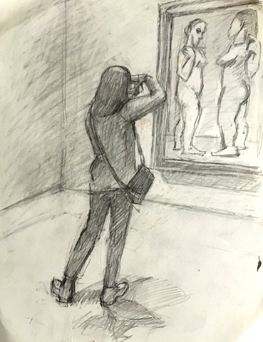 graphite on paper" a woman stands in font of and photographs a Picasso painting of two nudes.