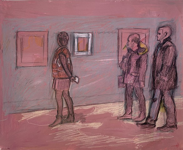 A woman wearing a red vest looking at art on the wall. She is followed by two men.