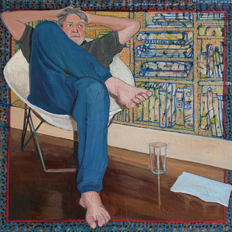 oil painting, portrait, patterned. A man sits in an Eames chair, positioned against wall of bookshelves.