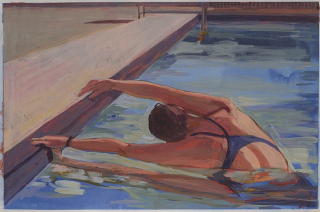 painting on paper. acryl gouache, figure, swimming