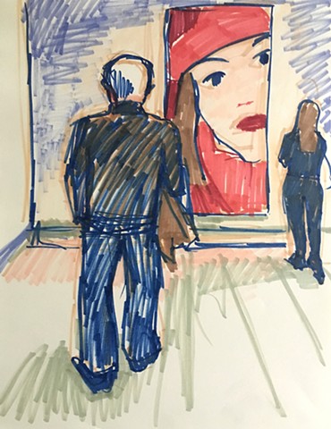 A man looks at an Alex Katz painting with a giant head of Ada.