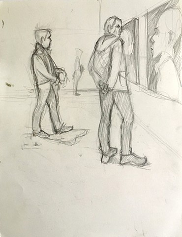 graphite drawing of two men standing and looking at very large portraits.
