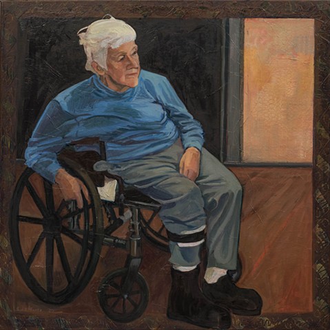 oil painting, portrait, border. An older woman sits in a wheelchair.