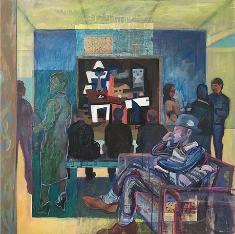 Picasso, Three Musicians, MoMA, acrylic, museum goers, pastel, collage