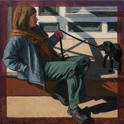 oil painting, portrait, border, a woman sits on a porch with her puppy pulling at the leash