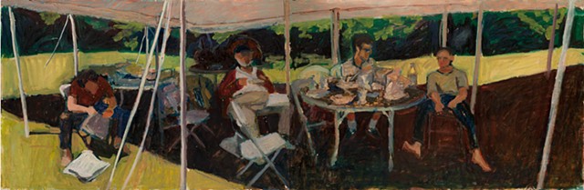 oil on paper, figurative, men sitting under a party tent
