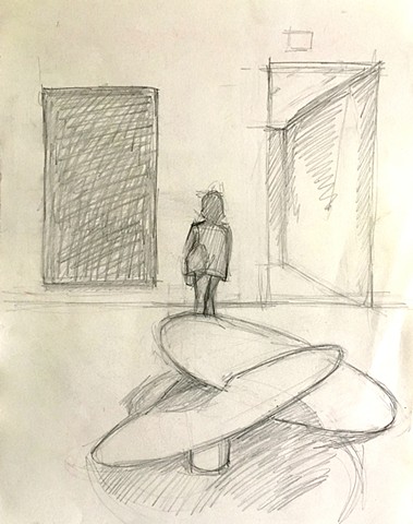 A woman stands behind a sculpture of two intersecting disks, looking at art, graphite drawing