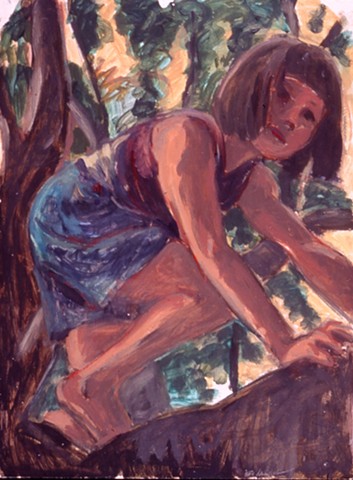 A young girl climbs a tree branch.