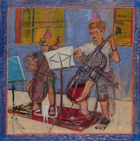 mixed materials, acrylic, pastel ,collage, musicians, cello, duet, painterly