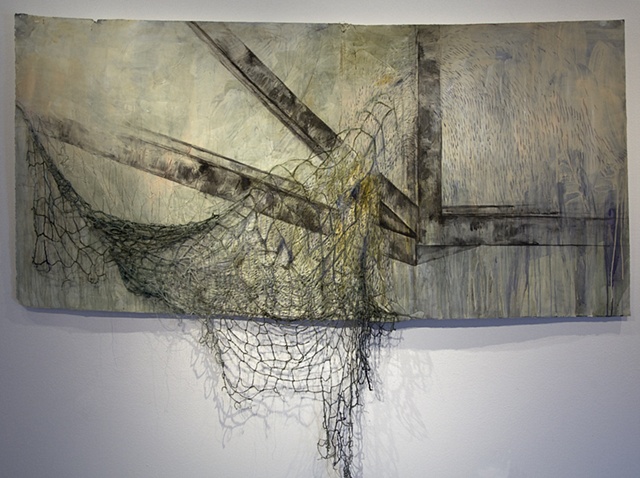 release, thread, paint, and charcoal, 76'' x 73'' x 5'', 2010