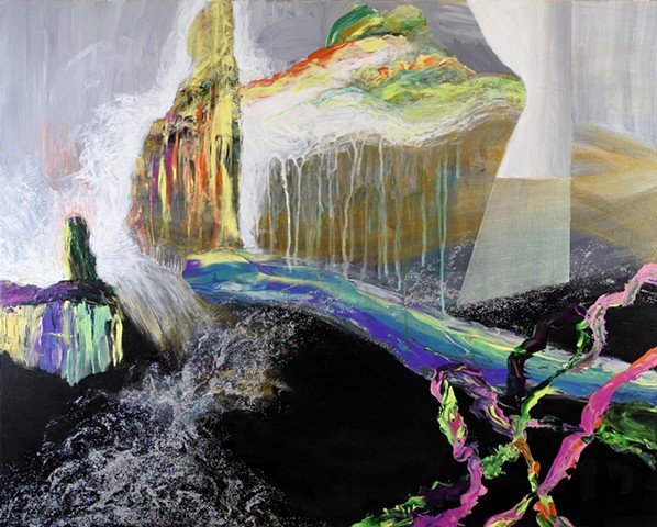 Abstract painting with black sea, impasto marks, glitter waterfall. Pink, green, orange, purple, white and iridescence.