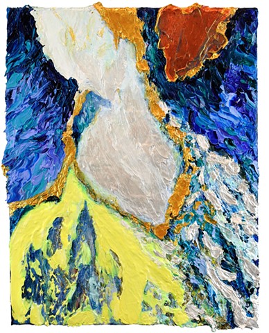 thick impasto paint, abstract , multidimensional, pearl, blue, yellow, blue, copper, iridescent, sculptural paint