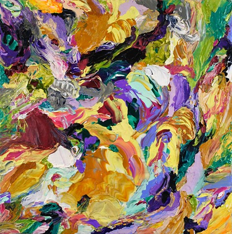 Thick impasto paint, abstract , multidimensional, burgundy, purple, green, gold, black, sculptural paint