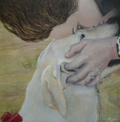 Commissioned fine art oil painting of a Labrador Retriever puppy and her owner by Janet Rhodes