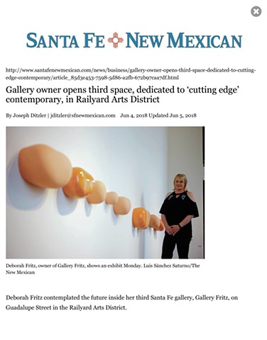 Santa Fe New Mexican Introduction to Gallery Fritz with Deborah Fritz standing with 'Brand New Day'