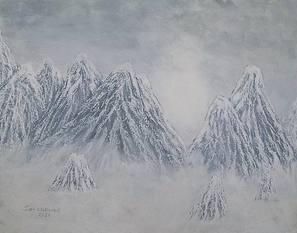 Painting of snowy mountain peaks, by John Kaufmann