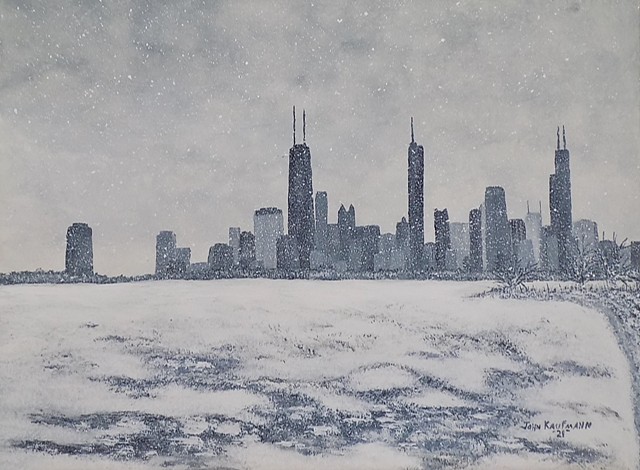 Panting of Chicago skyline in winter.