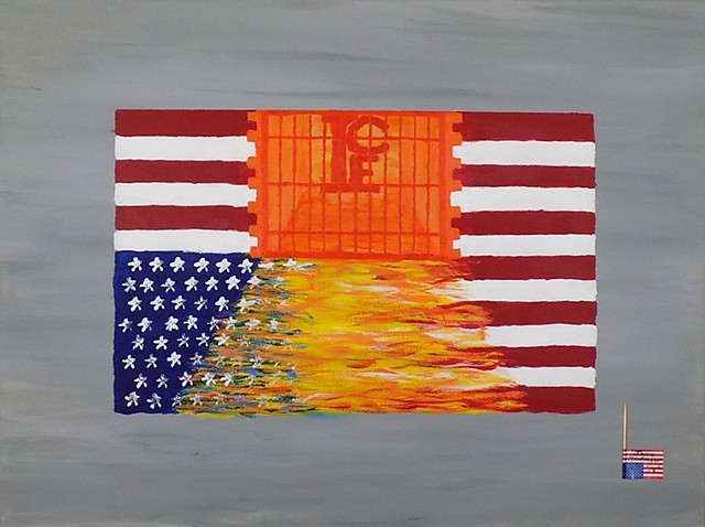 A painting titled Orange is the new red white and blue