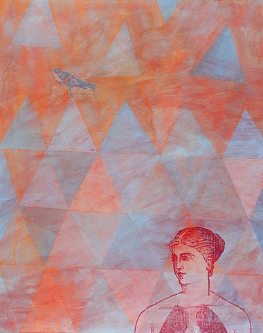 original fine art painting Irene Stapleford triangles abstract contemporary orange blue