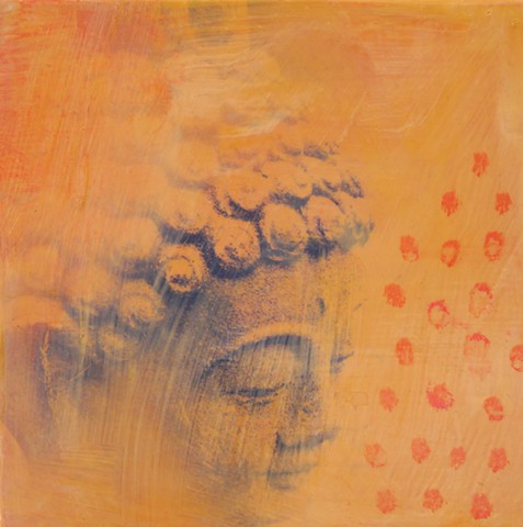 Blue Buddha on Yellow, Orange Dots