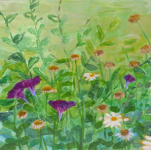 Morning Glories and Daisies on Pale Green