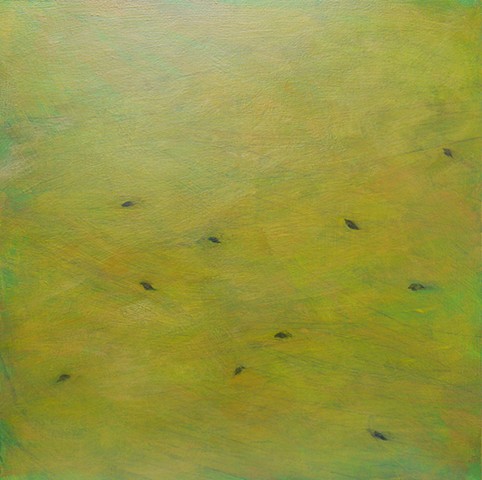 original fine art painting Irene Stapleford Seed Birds on Yellow Green decor acrylic