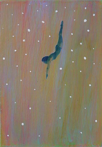 Diving Through Snowfall original small affordable fine art painting Irene Stapleford