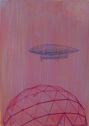Zeppelin, Stripey Sky small affordable original fine art painting Irene Stapleford vintage image