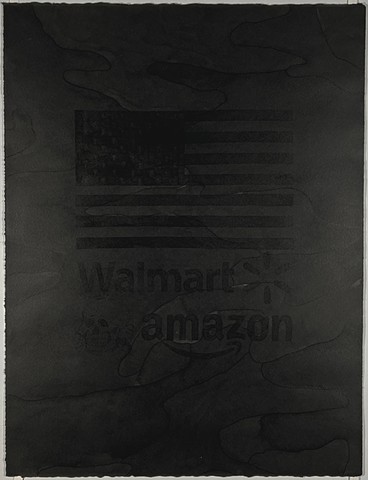 Untitled (Camoflauge with US Flag, Wallmart and Amazon Logos and Totenkopf)