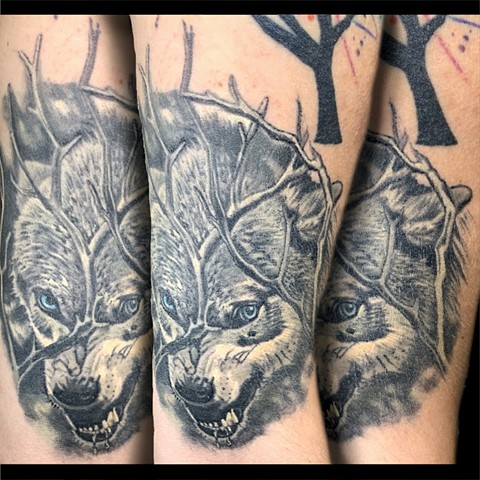 Snarling wolf and branches