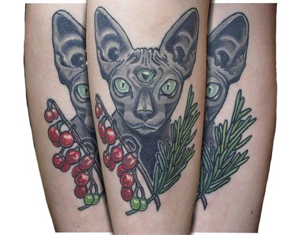 3 eyed cat with nightshade and rosemary talismans to protect the wearer. 