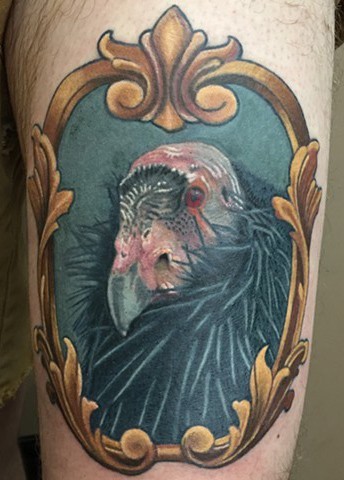 A tattoo of a California condor in an ornate picture frame on a man’s thigh.