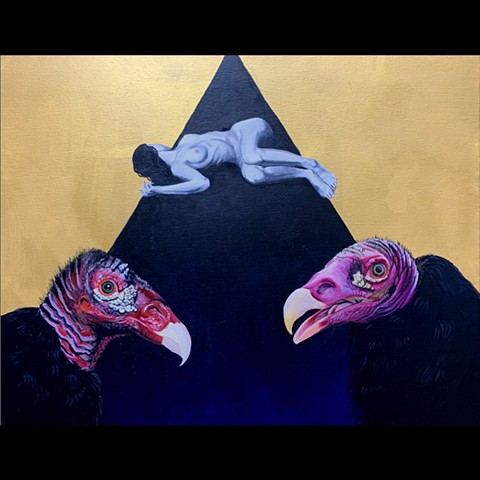 Nude woman and vultures with geometric triangle shapes in gold and black