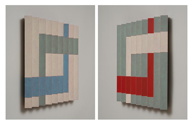 red blue interactive abstract colorful playful relief grid woodworking wood sculpture by artist Emi Ozawa