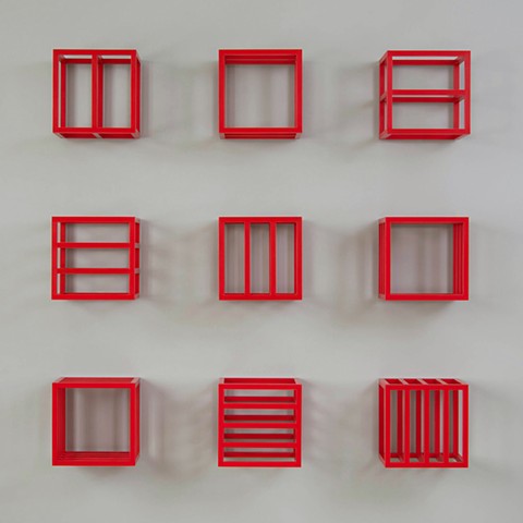 red grid cube abstract colorful playful wood sculpture by artist Emi Ozawa