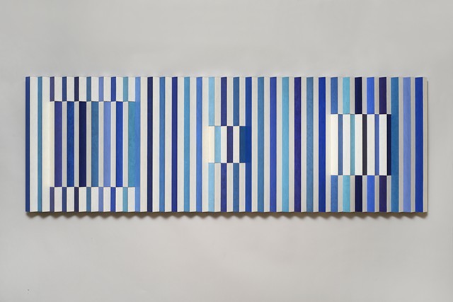 black blue stripes abstract grid woodworking colorful playful relief wood sculpture by artist Emi Ozawa