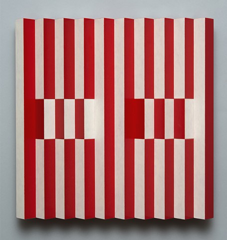 red white stripes interactive abstract colorful playful relief grid woodworking wood sculpture by artist Emi Ozawa