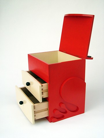 red tomato frog abstract animal woodworking furniture colorful playful wood sculpture by artist Emi Ozawa