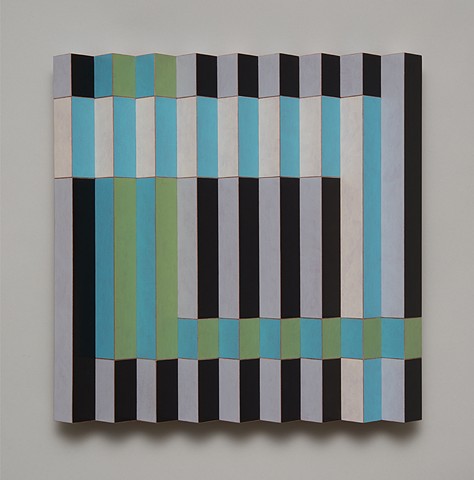 blue black abstract colorful playful relief grid woodworking wood sculpture by artist Emi Ozawa