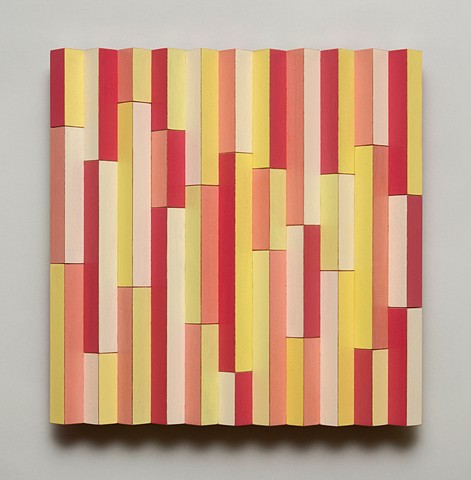 peach abstract colorful playful relief woodworking wood sculpture by artist Emi Ozawa