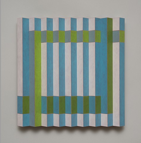 green blue abstract colorful playful relief grid woodworking wood sculpture by artist Emi Ozawa