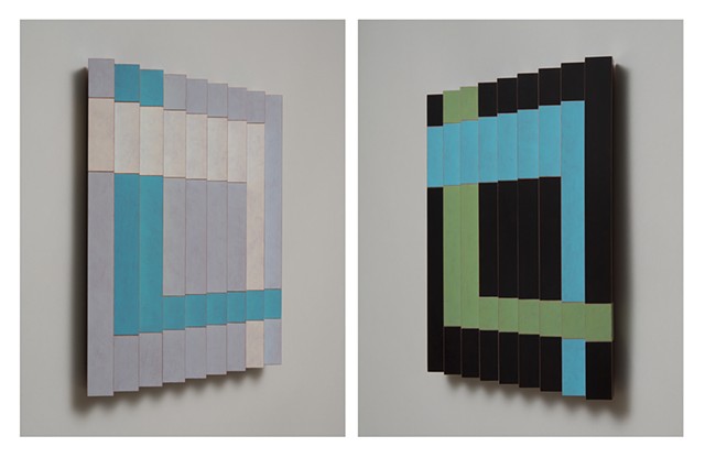 black blue abstract colorful playful relief grid woodworking wood sculpture by artist Emi Ozawa