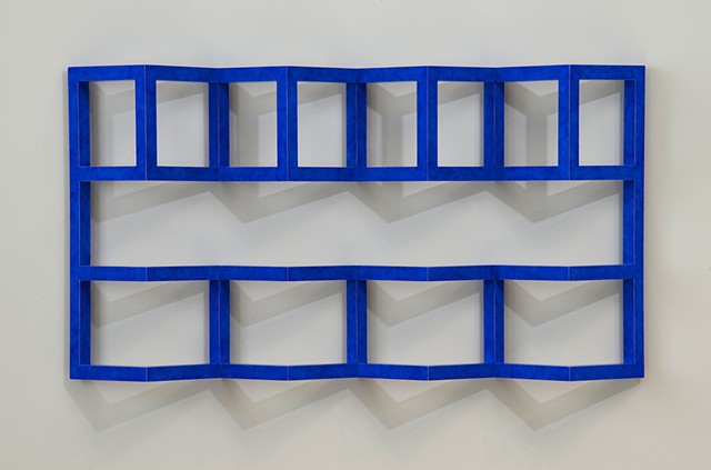 blue grid abstract colorful playful wood sculpture by artist Emi Ozawa