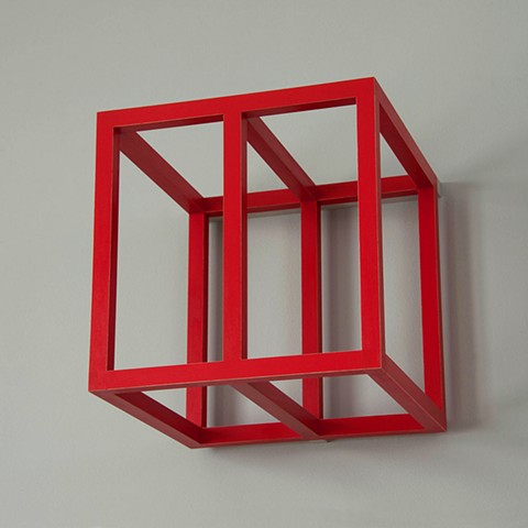 red grid cube detail abstract colorful playful wood sculpture by artist Emi Ozawa