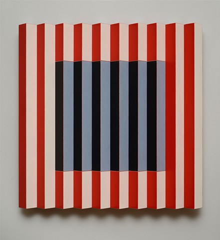 red stripes interactive abstract grid woodworking colorful playful relief wood sculpture by artist Emi Ozawa