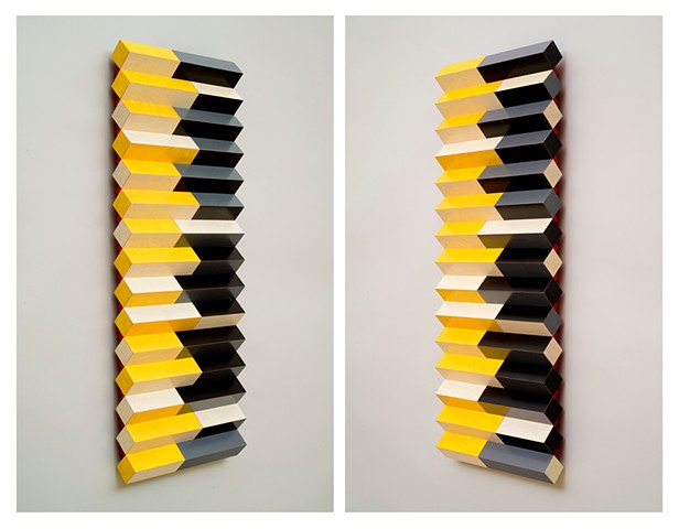 yellow black stripes abstract grid woodworking colorful playful relief wood sculpture by artist Emi Ozawa