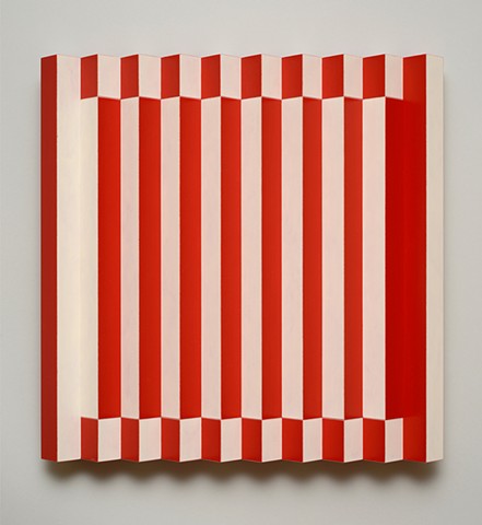 red stripes interactive abstract grid woodworking colorful playful relief wood sculpture by artist Emi Ozawa