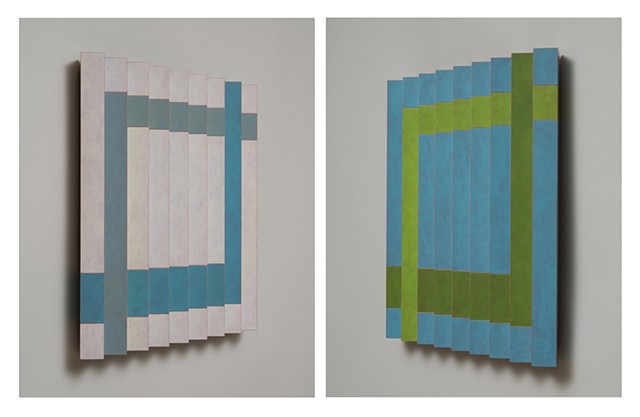 green blue abstract colorful playful relief grid woodworking wood sculpture by artist Emi Ozawa