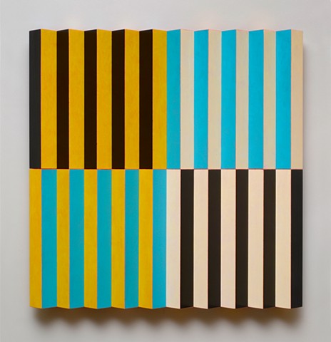yellow black blue stripes abstract grid woodworking colorful playful relief wood sculpture by artist Emi Ozawa